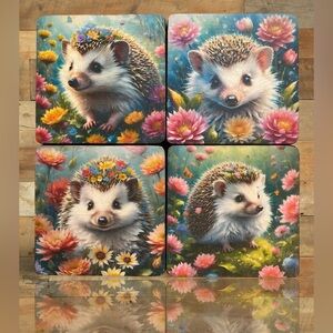 Handmade Whimsical Floral Hedgehog 4” Wood Coasters - Set of 4 – Cottagecore